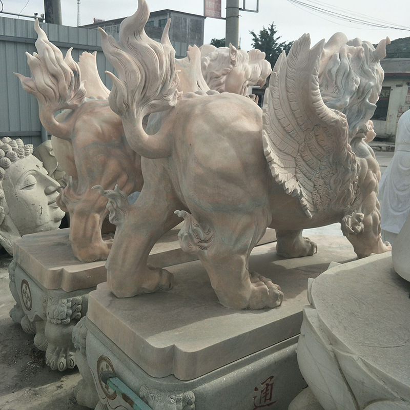 晚霞紅獅子雕塑 石雕飛天獅子擺件 雕刻工藝品石雕麒麟動物雕刻